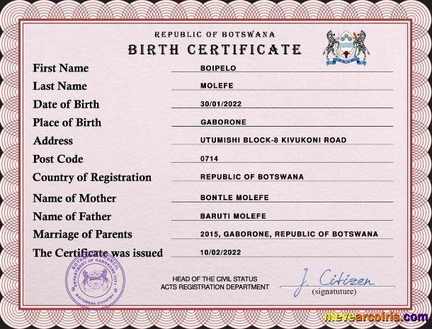 Botswana vital record birth certificate